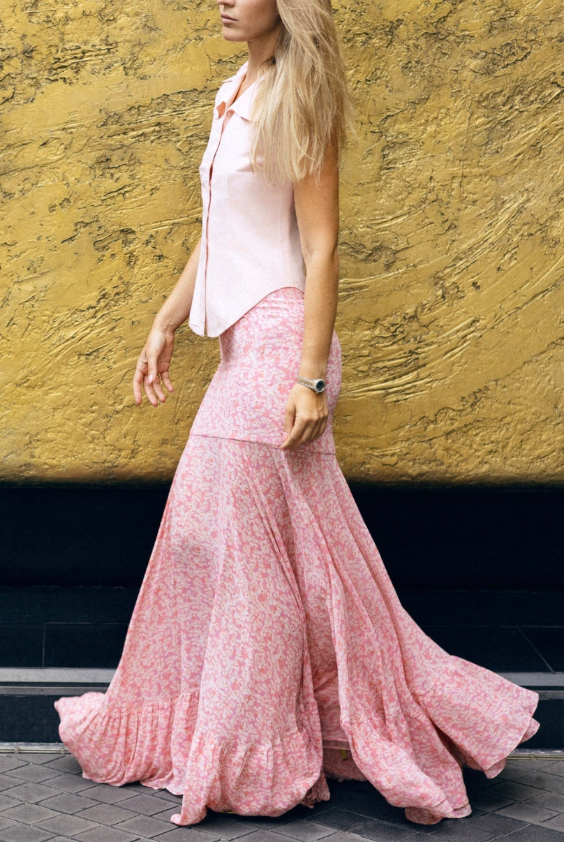 Blossom Long Floral Skirt with Chiffon Train